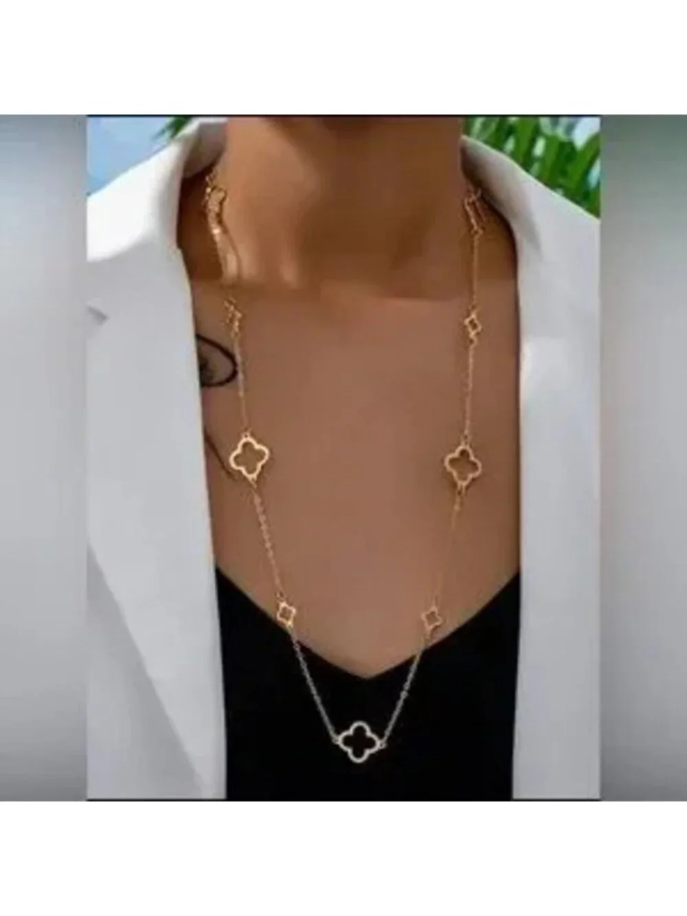 Gold Clover Long Chain Necklace Statement
